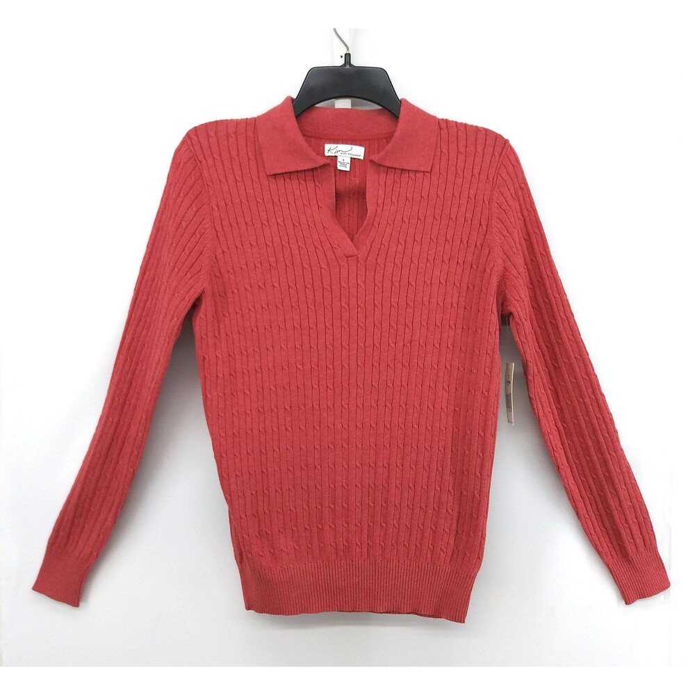 Kim Rogers Sweater Womens Small Red Heather Collared Cable Knit Pullover Casual